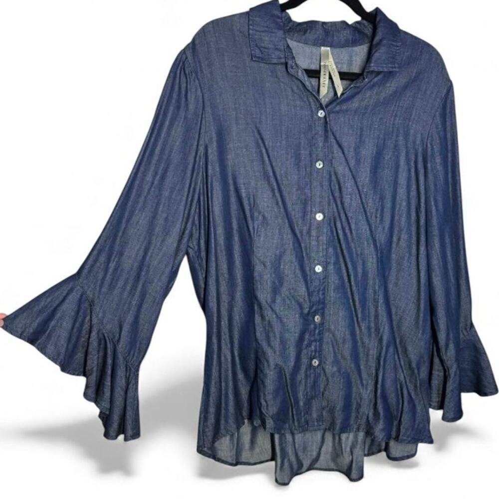 Liverpool Denim Ruffle Sleeve Button Up Top Size Large - Picture 2 of 5